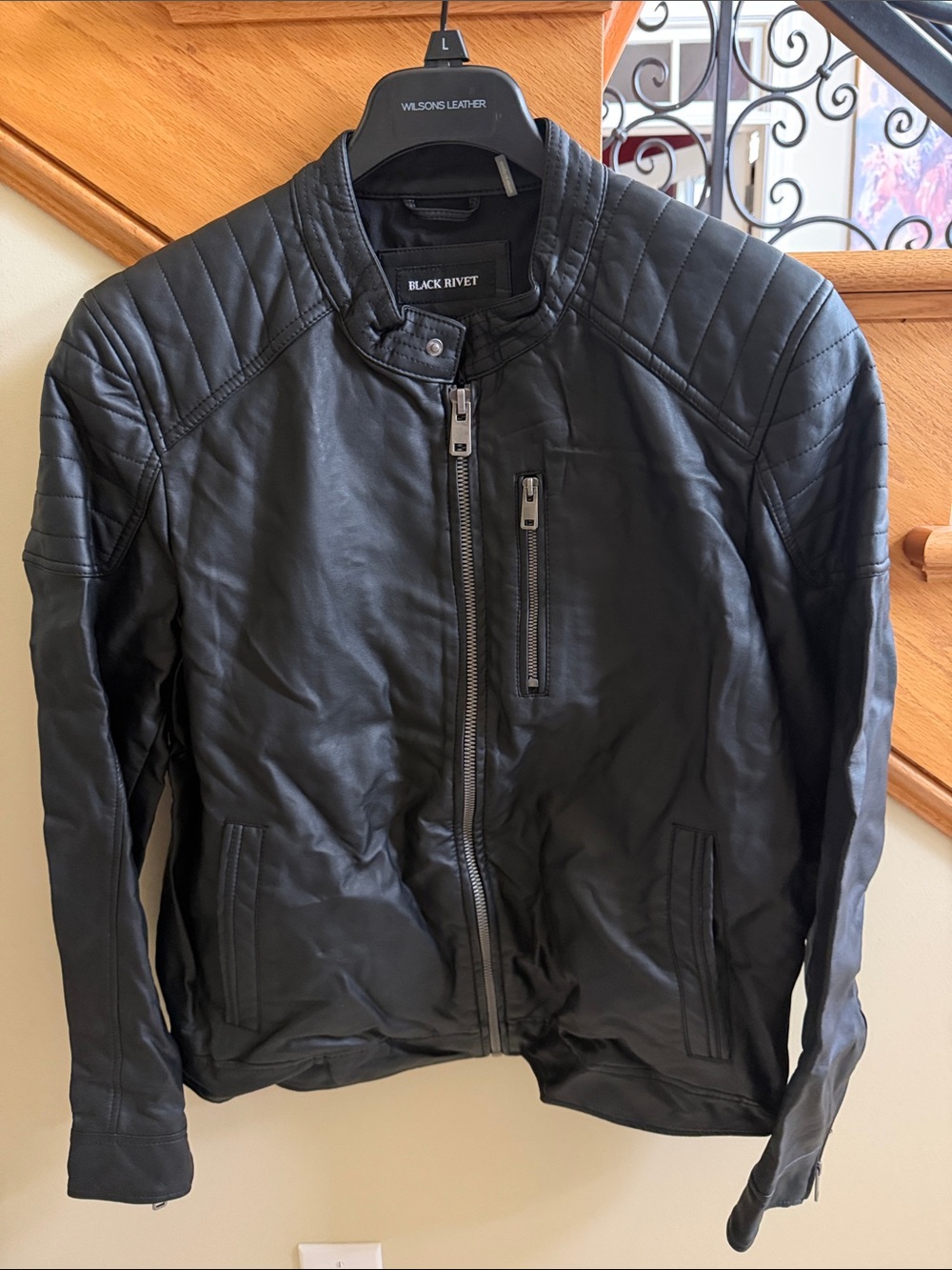 Black Rivet Black Quilted-Shoulder Faux Leather Bomber Jacket Size L